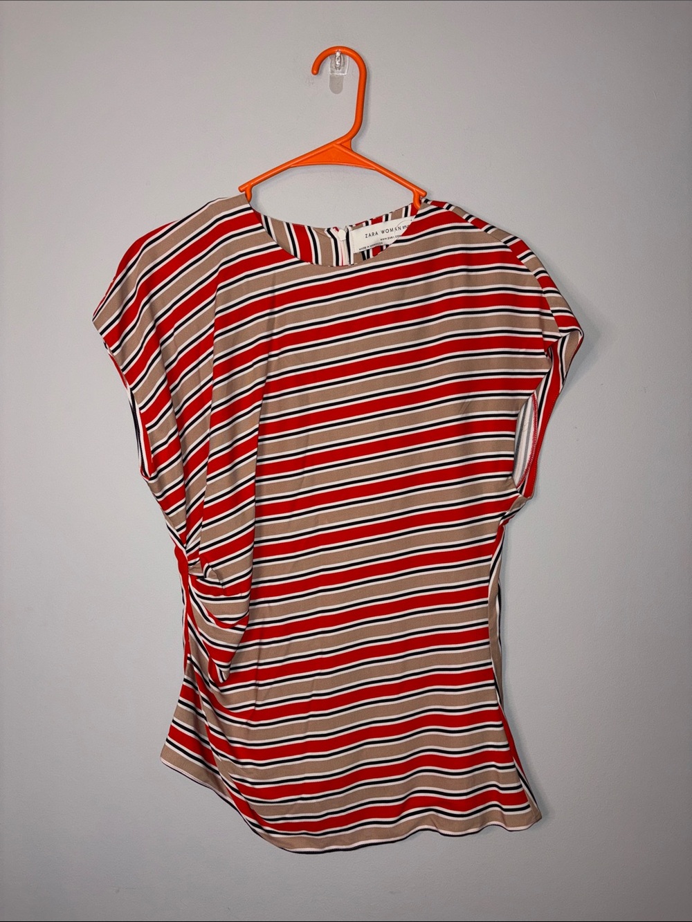 Zara Red and Beige Striped Short Sleeve Top Medium NEW